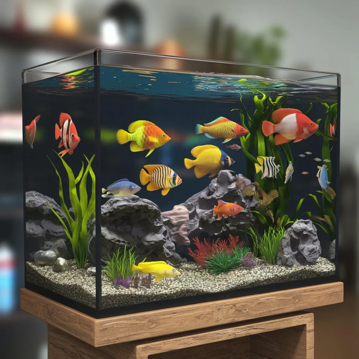 Buntes Aquarium mit tropischen Fischen auf Holzständer.