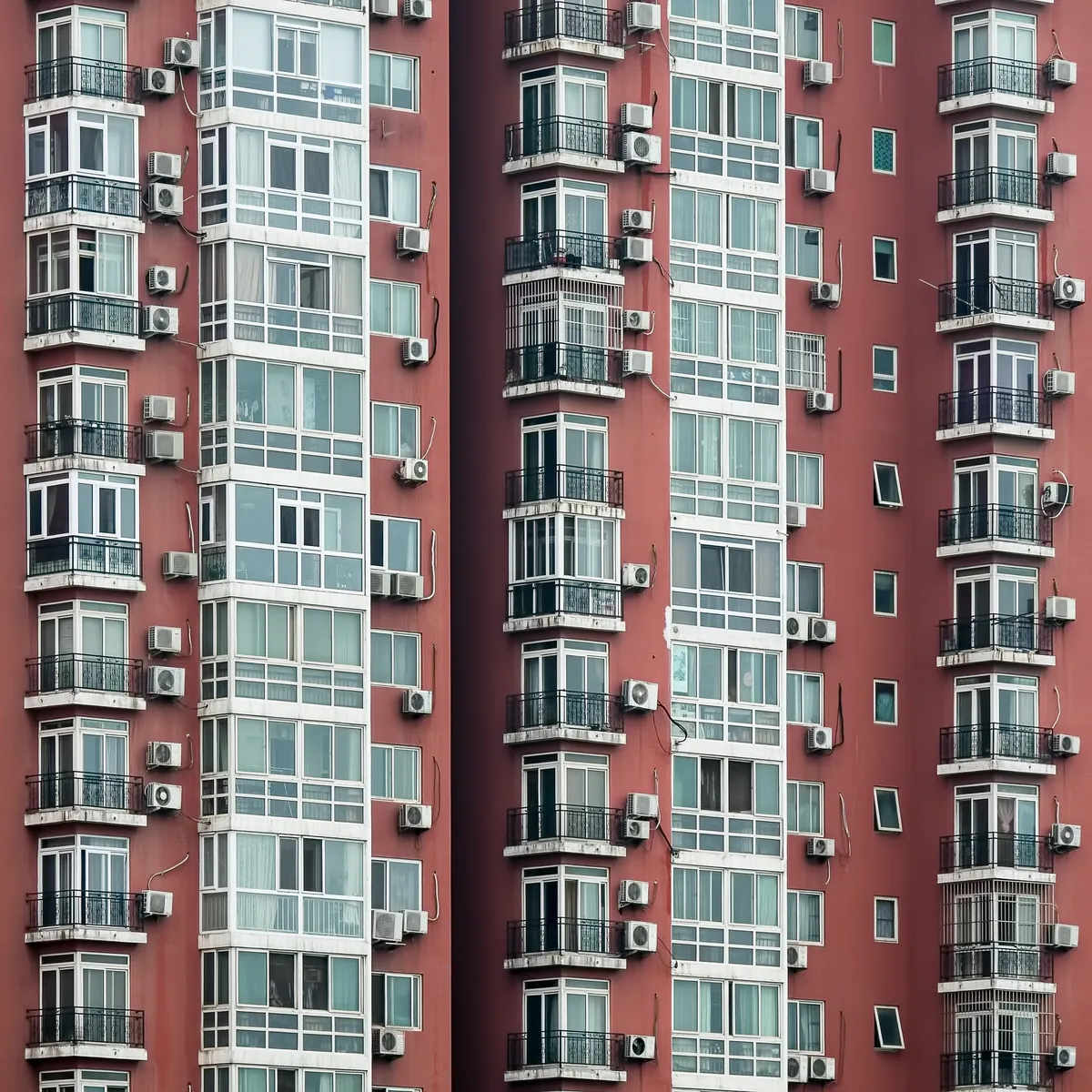 Roter Hochhaus-Wohnblock mit Balkonen und Klimaanlagen.