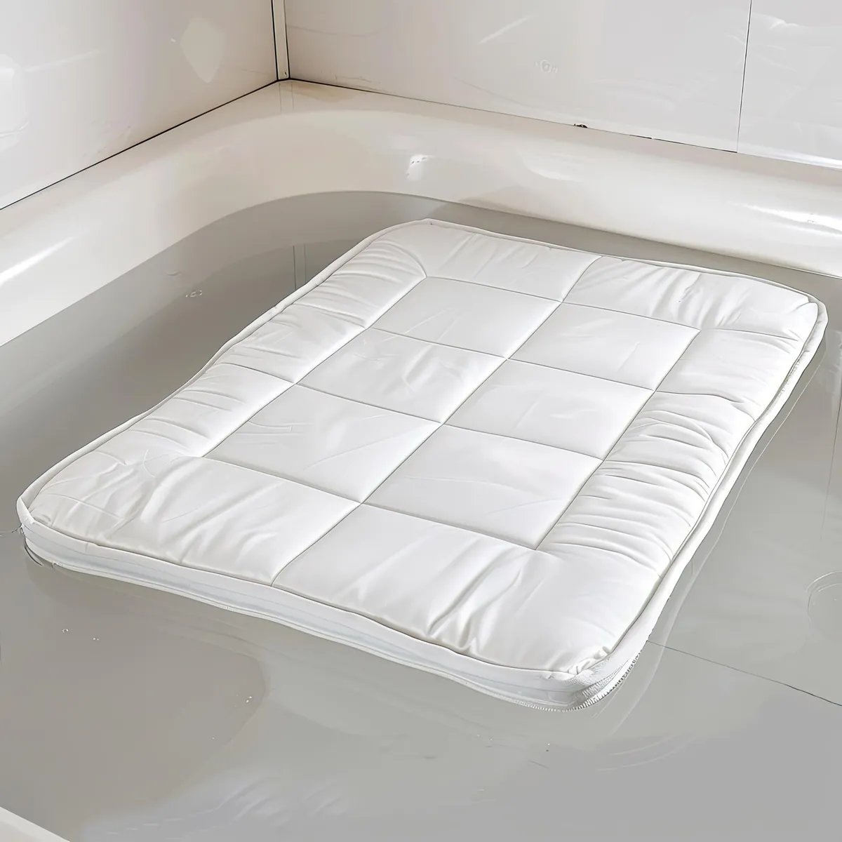 Weißes gestepptes Kissen schwimmt in einer Badewanne.