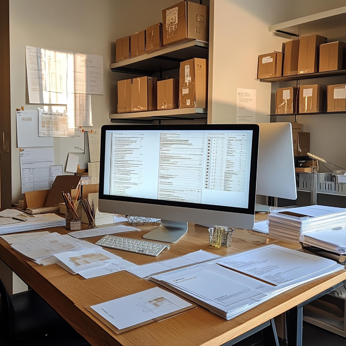 Büroarbeitsplatz mit iMac, Papierstapeln und Kartonregalen.