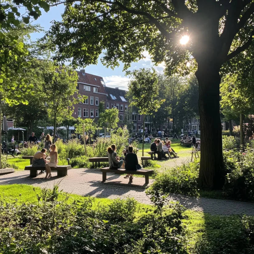 Menschen entspannen auf Parkbänken zwischen grünen Bäumen.
